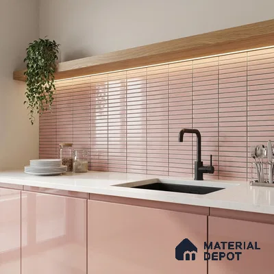 Modern kitchen with pastel pink glossy laminate, white quartz countertop, and pink kitkat subway backsplash tile