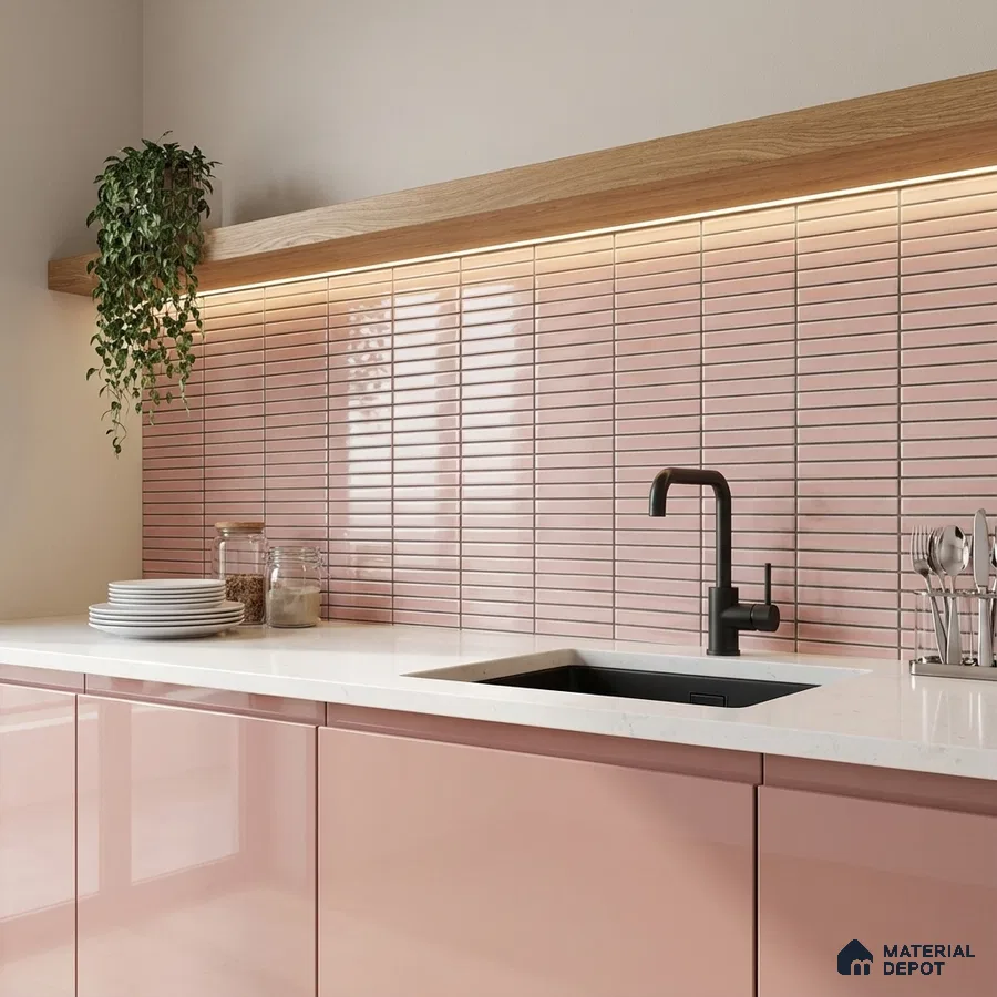 Modern kitchen with pastel pink glossy laminate, white quartz countertop, and pink kitkat subway backsplash tile