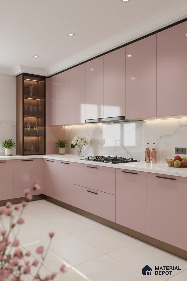 Modern kitchen with pastel pink high gloss laminate cabinets and white marble backsplash in Bengaluru