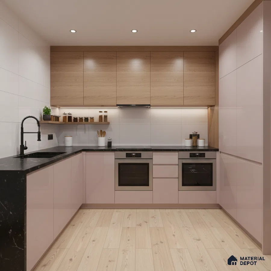 Modern kitchen with pastel pink high gloss laminate, natural oak laminate, and black marble countertop in Bengaluru