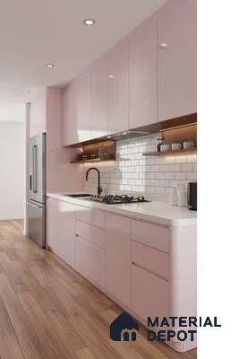 Modern kitchen with pastel pink high gloss laminate, white marble-look countertop, and subway tile backsplash in Bengaluru