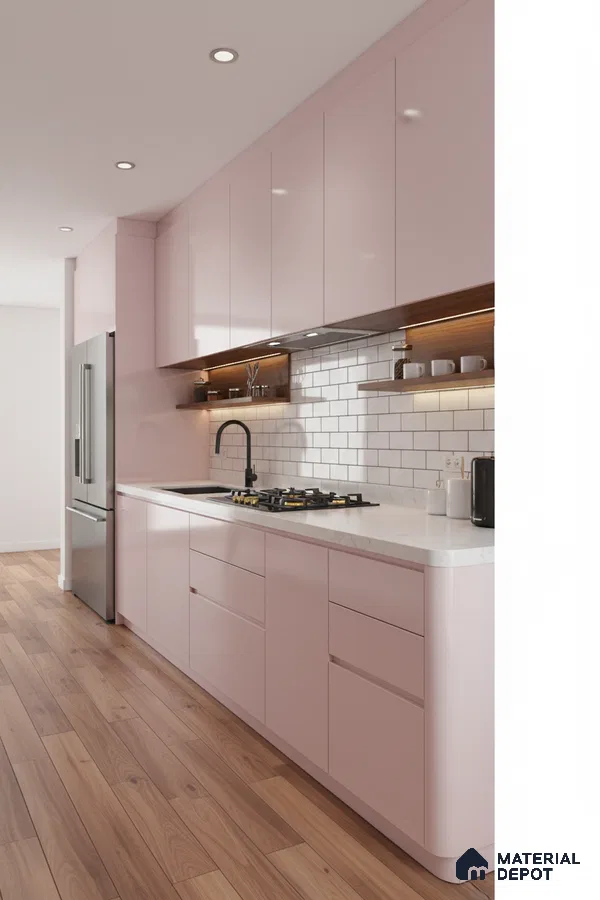 Modern kitchen with pastel pink high gloss laminate, white marble-look countertop, and subway tile backsplash in Bengaluru