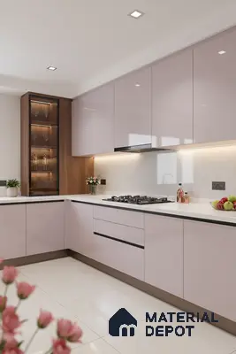 Modern kitchen with pastel pink high gloss laminate, white quartz countertop, and walnut wood accent in Bengaluru