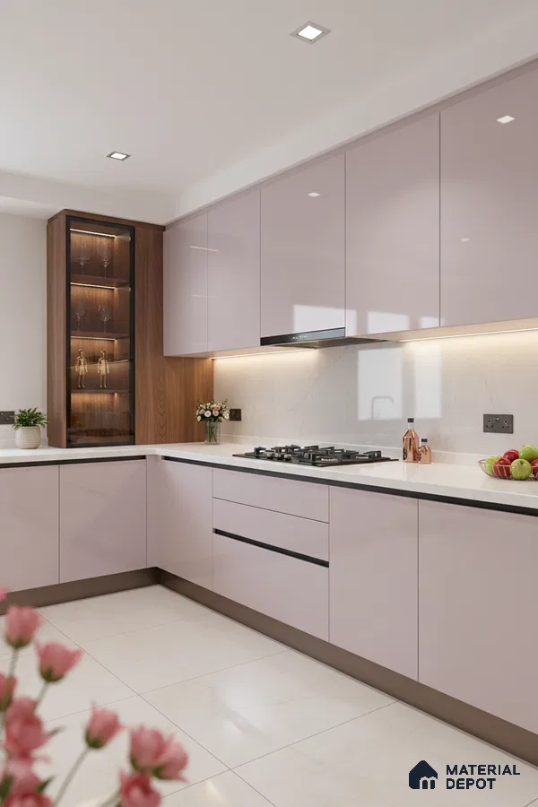 Modern kitchen with pastel pink high gloss laminate, white quartz countertop, and walnut wood accent in Bengaluru