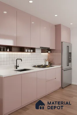Modern kitchen with pastel pink high gloss laminate, white quartz countertop, and white grid backsplash tile in Bengaluru