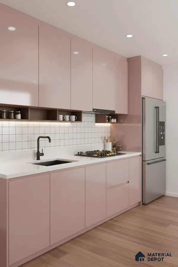 Modern kitchen with pastel pink high gloss laminate, white quartz countertop, and white grid backsplash tile in Bengaluru
