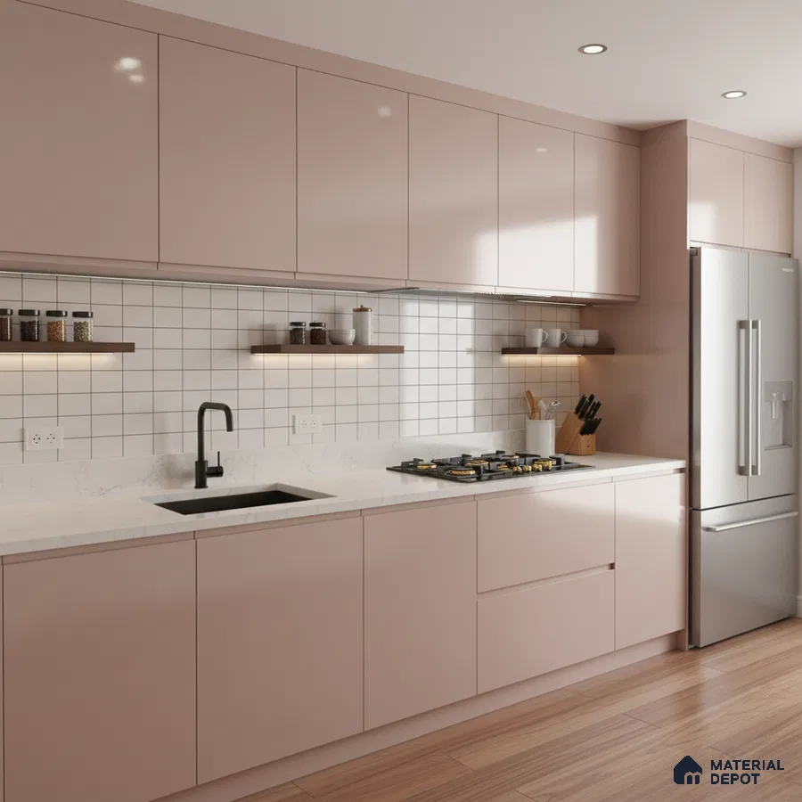 Modern kitchen with pastel pink laminate cabinets, white marble-look quartz countertop, and white grid backsplash tiles in Bengaluru