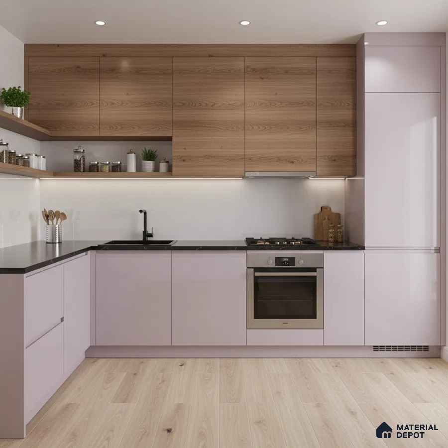 Modern kitchen with pastel pink laminate, oak wood laminate, and black quartz countertop in Bengaluru