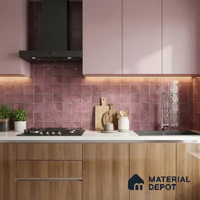 Modern kitchen with pastel pink laminate, wood grain laminate, and mauve square backsplash tiles