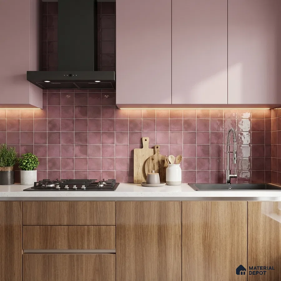 Modern kitchen with pastel pink laminate, wood grain laminate, and mauve square backsplash tiles