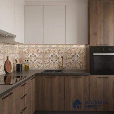 Modern kitchen with patterned backsplash tile, walnut wood laminate, and frosty white laminate cabinets in Bengaluru
