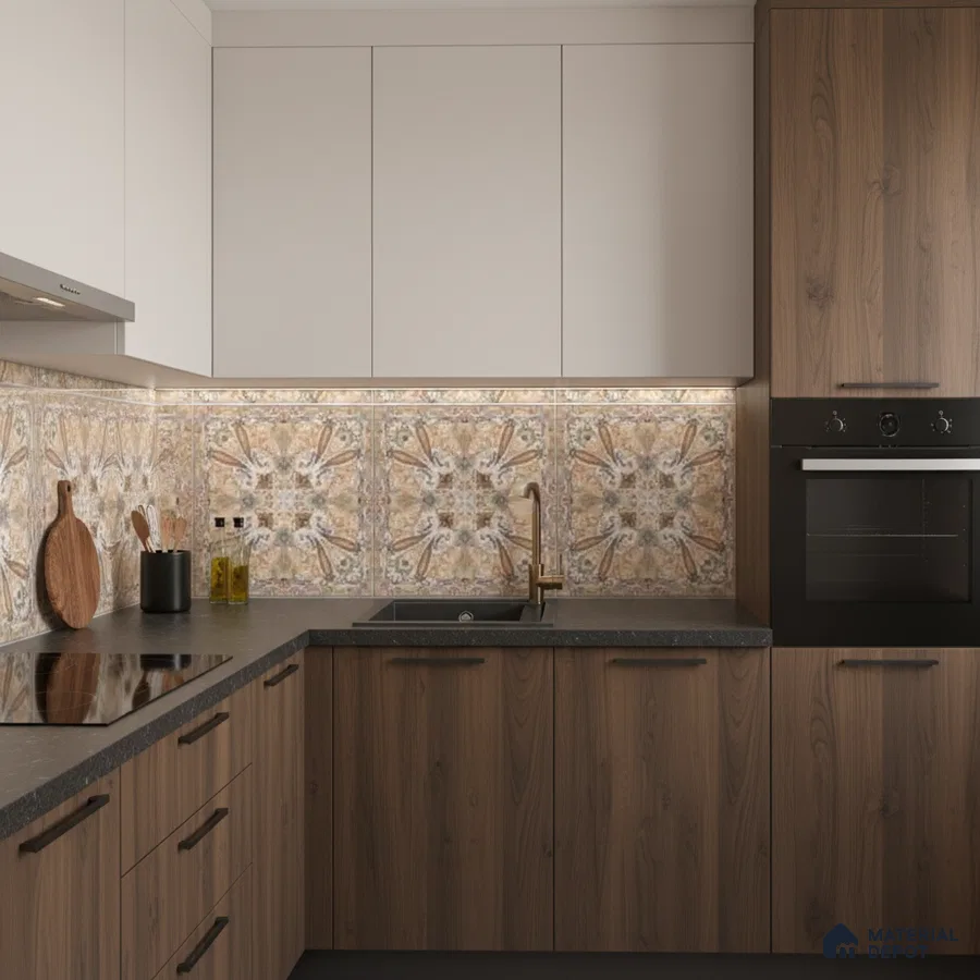 Modern kitchen with patterned backsplash tile, walnut wood laminate, and frosty white laminate cabinets in Bengaluru