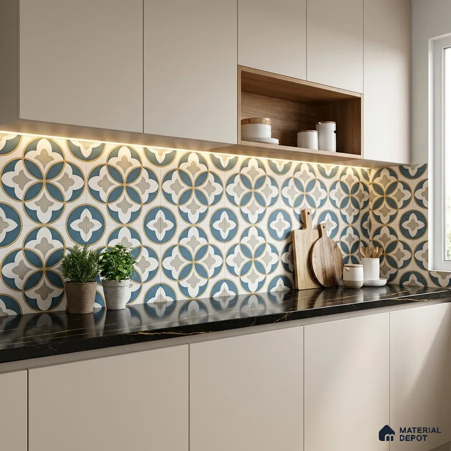 Modern kitchen with patterned moroccan backsplash tile, beige laminate cabinets, and black marble countertop