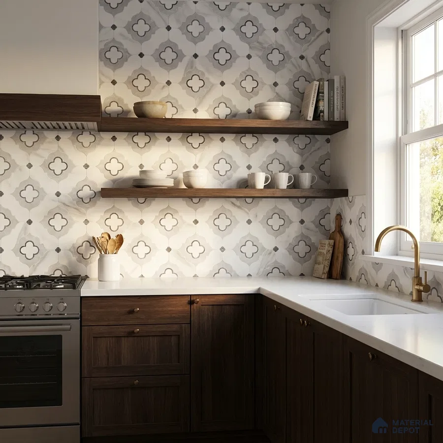 Modern kitchen with patterned moroccan backsplash tile, walnut wood laminate cabinets, and white quartz countertop