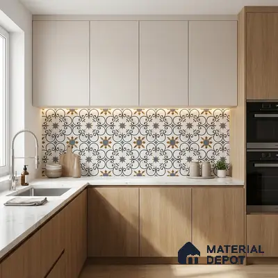 Modern kitchen with patterned moroccan backsplash tile, white quartz countertop, and light oak laminate cabinets