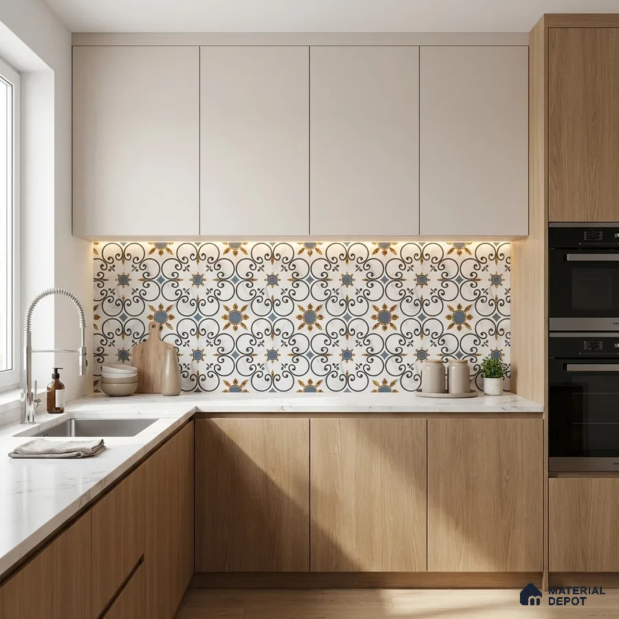 Modern kitchen with patterned moroccan backsplash tile, white quartz countertop, and light oak laminate cabinets