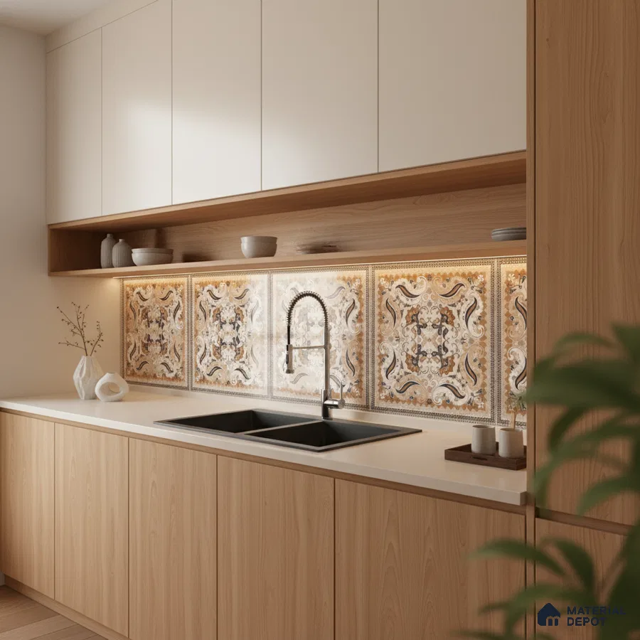 Modern kitchen with patterned moroccan backsplash tiles, white quartz countertop, and light oak laminate cabinets in Bengaluru