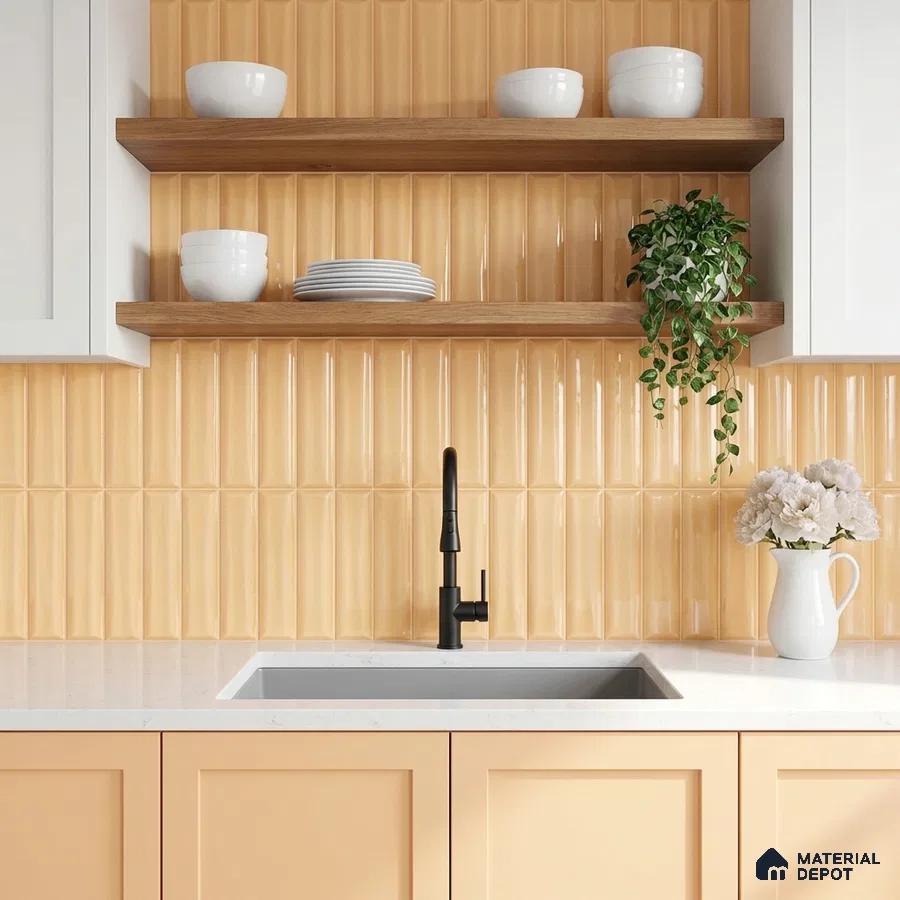 Modern kitchen with peach fluted tile backsplash, peach laminate cabinets, and white quartz countertop
