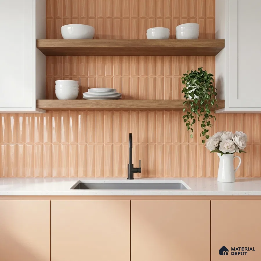 Modern kitchen with peach geometric wall tiles, white quartz countertop, and pastel peach laminate cabinets