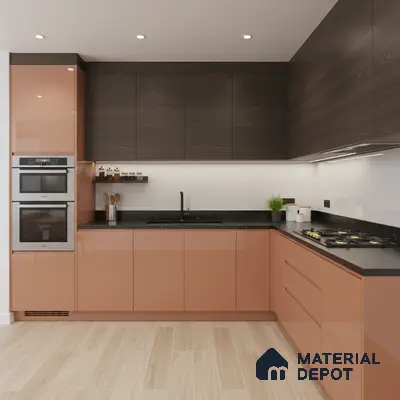 Modern kitchen with peach high gloss laminate, dark walnut wood laminate, and black quartz countertop in Bengaluru