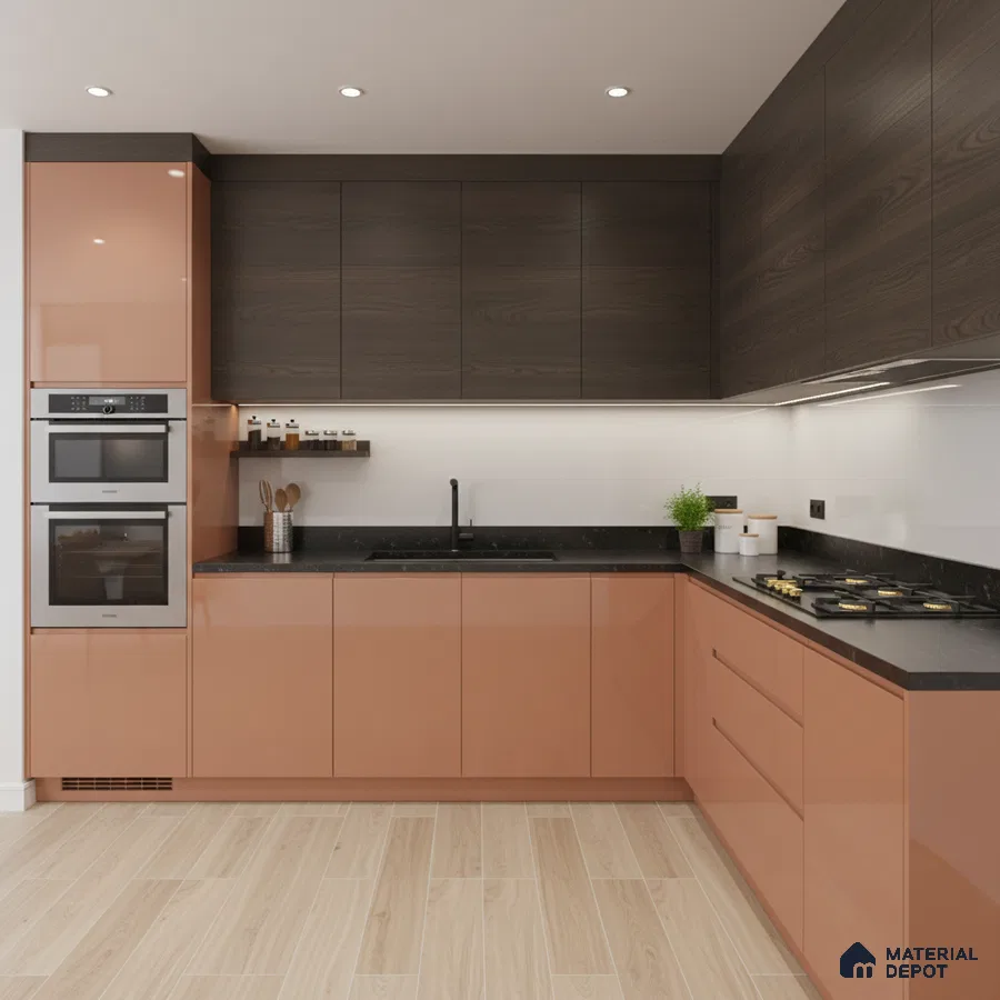 Modern kitchen with peach high gloss laminate, dark walnut wood laminate, and black quartz countertop in Bengaluru