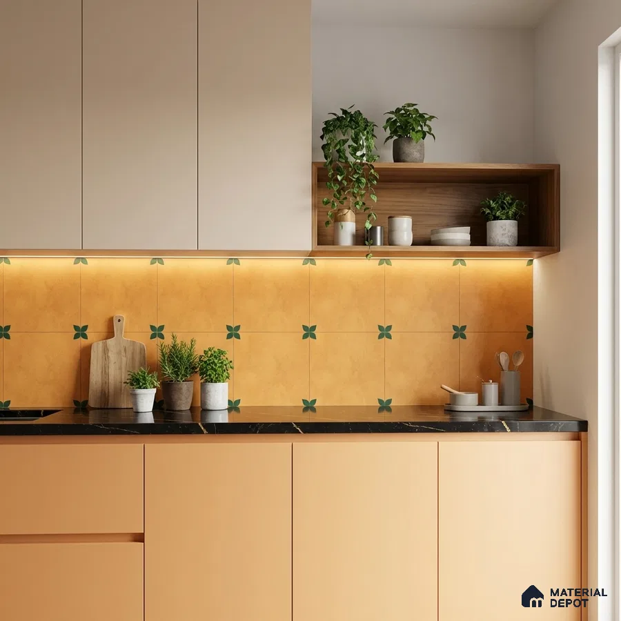 Modern kitchen with peach laminate cabinets, black marble countertop, and ochre patterned backsplash tiles