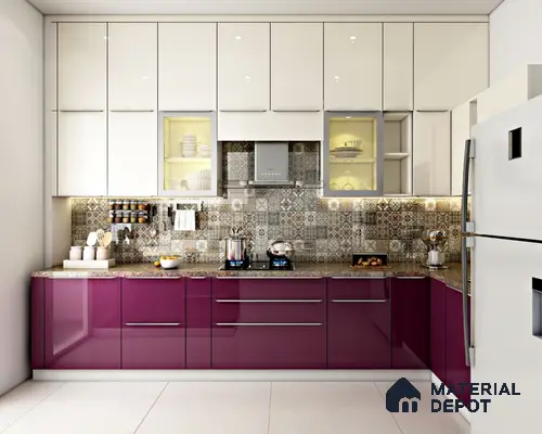 Modern kitchen with plum high gloss laminate, frosty white laminate, and patterned moroccan backsplash tiles in Bengaluru | Material Depot