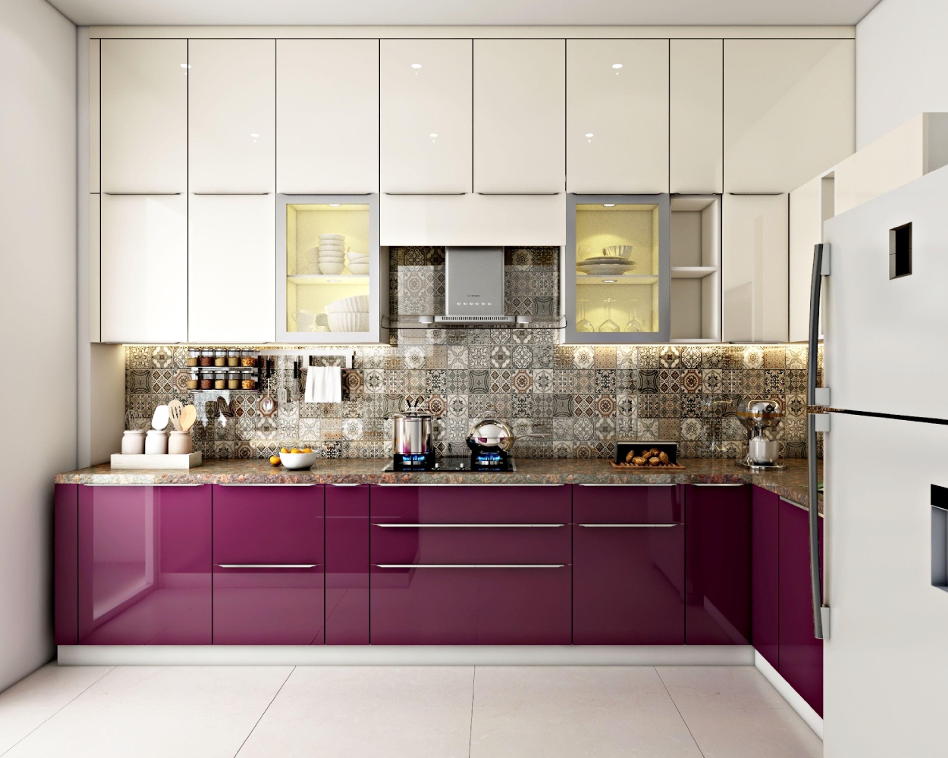 Modern kitchen with plum high gloss laminate, frosty white laminate, and patterned moroccan backsplash tiles in Bengaluru | Material Depot