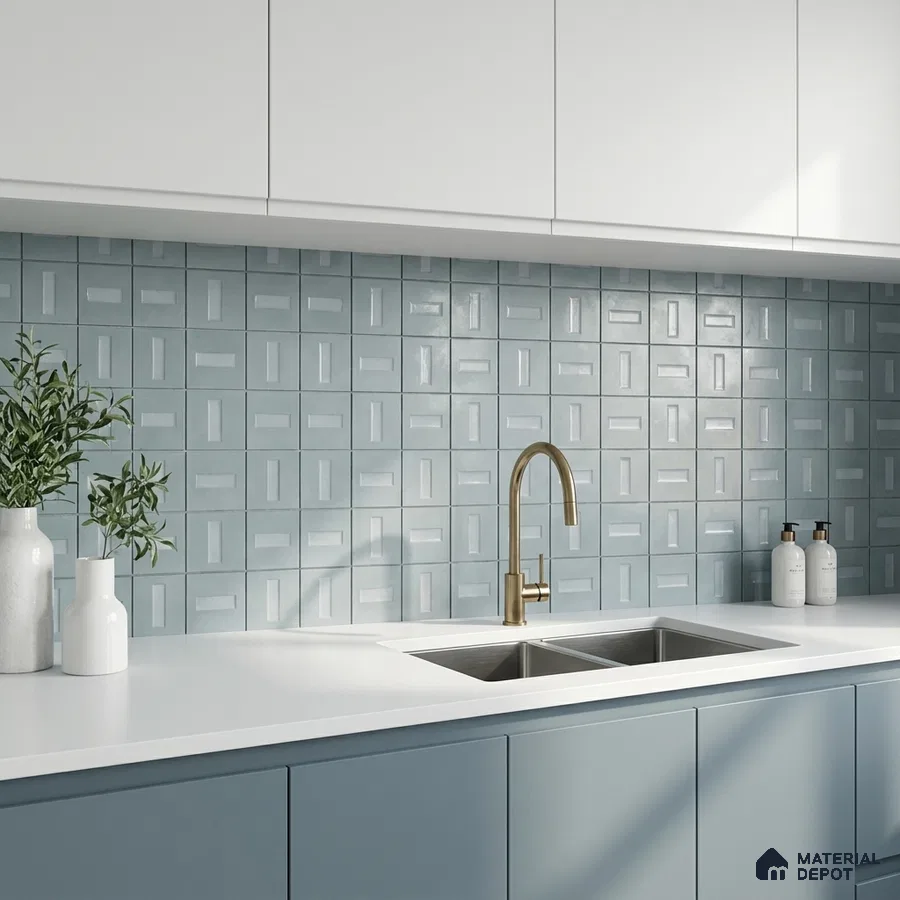 Modern kitchen with powder blue laminate cabinets, white quartz countertop, and geometric blue backsplash tiles