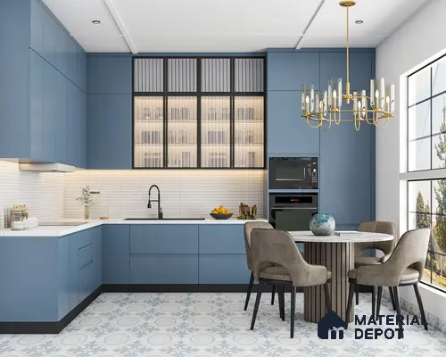 Modern kitchen with powder blue laminate cabinets, white quartz countertop, and patterned floor tiles in Bengaluru | Material Depot