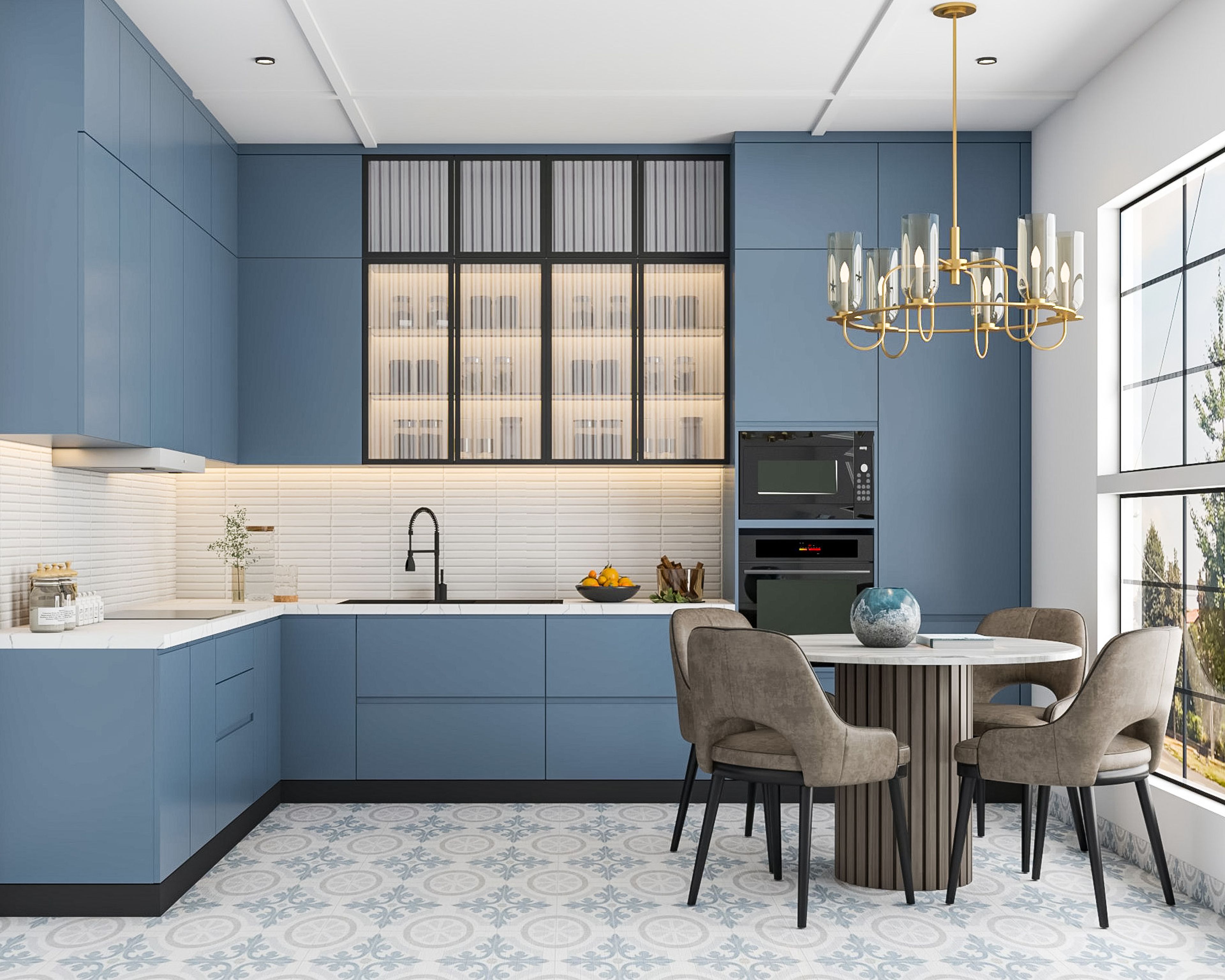 Modern kitchen with powder blue laminate cabinets, white quartz countertop, and patterned floor tiles in Bengaluru | Material Depot