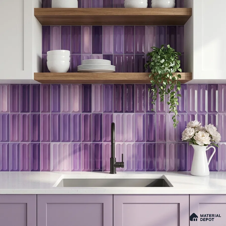 Modern kitchen with purple kitkat backsplash tile and pastel lavender laminate cabinets