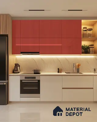 Modern Kitchen with Red Fluted Acrylic Cabinets and Marble Backsplash | Material Depot