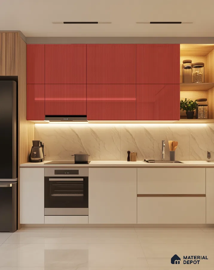 Modern Kitchen with Red Fluted Acrylic Cabinets and Marble Backsplash | Material Depot