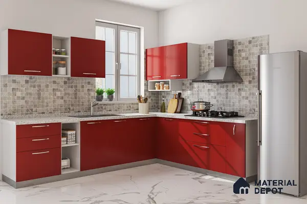 Modern kitchen with red high gloss laminate cabinets, mosaic stone backsplash tiles, and white marble floor tiles in Bengaluru | Material Depot