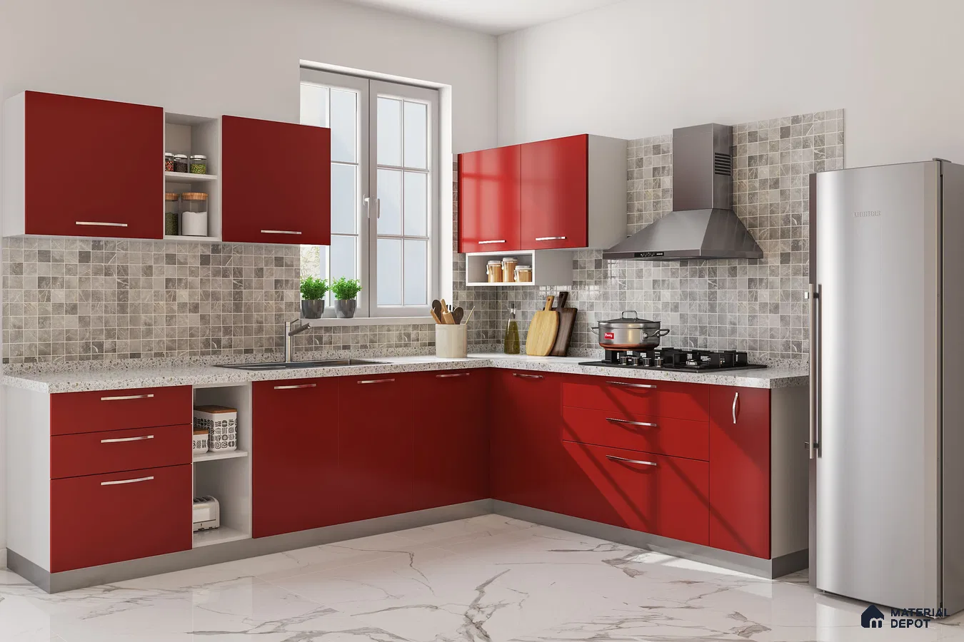 Modern kitchen with red high gloss laminate cabinets, mosaic stone backsplash tiles, and white marble floor tiles in Bengaluru | Material Depot