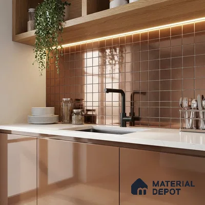 Modern kitchen with rose gold glossy laminate, white quartz countertop, and metallic rose gold square backsplash tiles