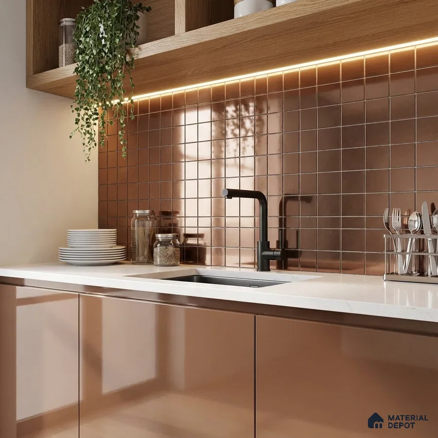 Modern kitchen with rose gold glossy laminate, white quartz countertop, and metallic rose gold square backsplash tiles