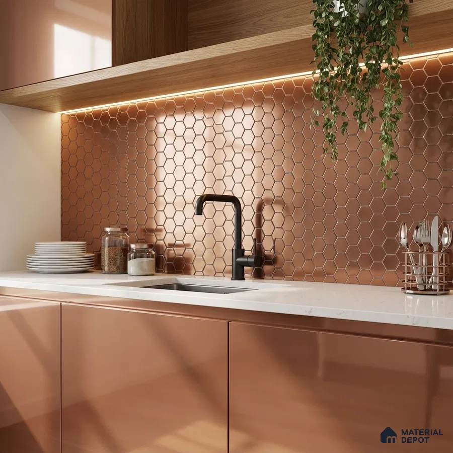 Modern kitchen with rose gold high gloss laminate, white quartz countertop, and copper hexagonal backsplash tiles