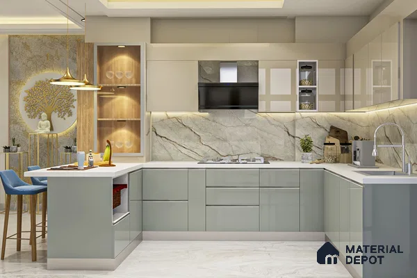 Modern kitchen with sage green and beige high gloss laminate, marble-look backsplash, and white quartz countertop in Bengaluru | Material Depot
