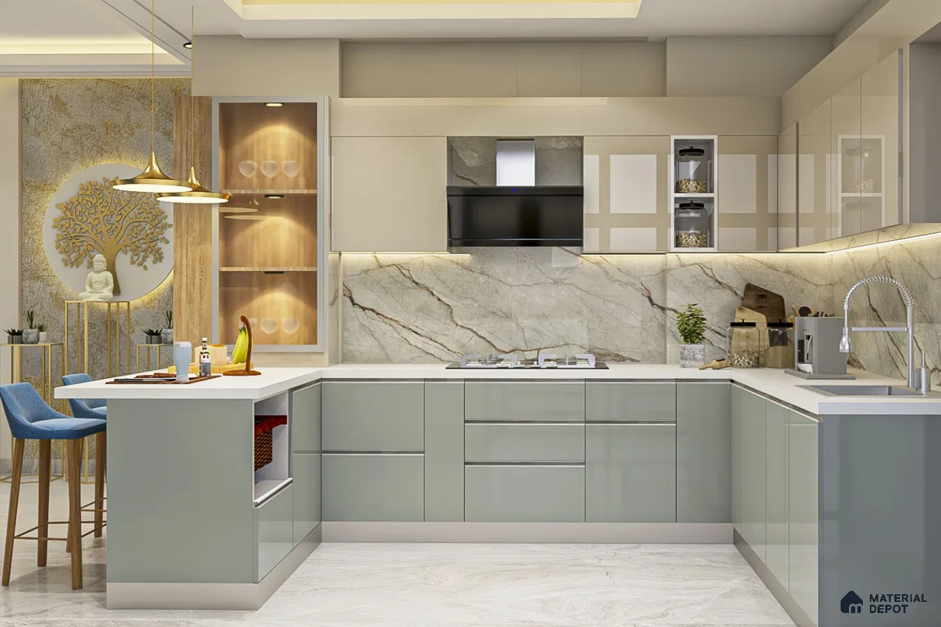 Modern kitchen with sage green and beige high gloss laminate, marble-look backsplash, and white quartz countertop in Bengaluru | Material Depot
