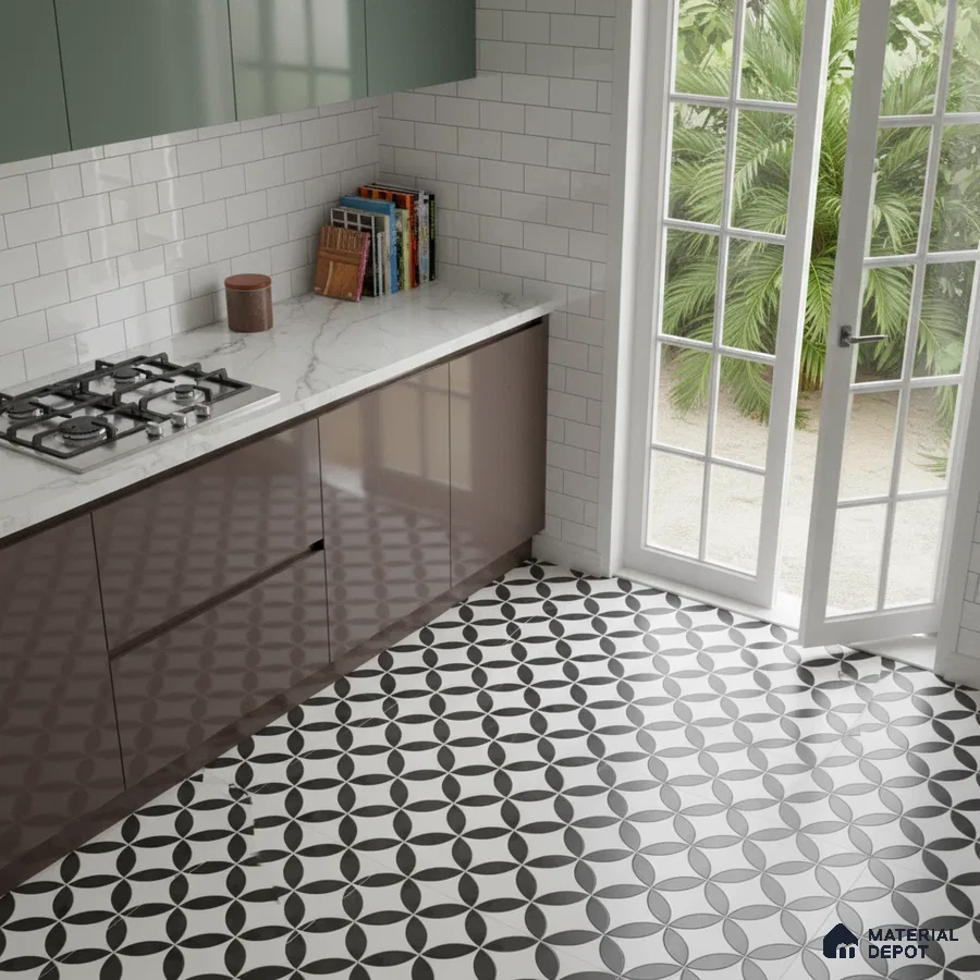 Modern kitchen with sage green and brown laminate, white marble countertop, and geometric black-and-white floor tiles in Bengaluru