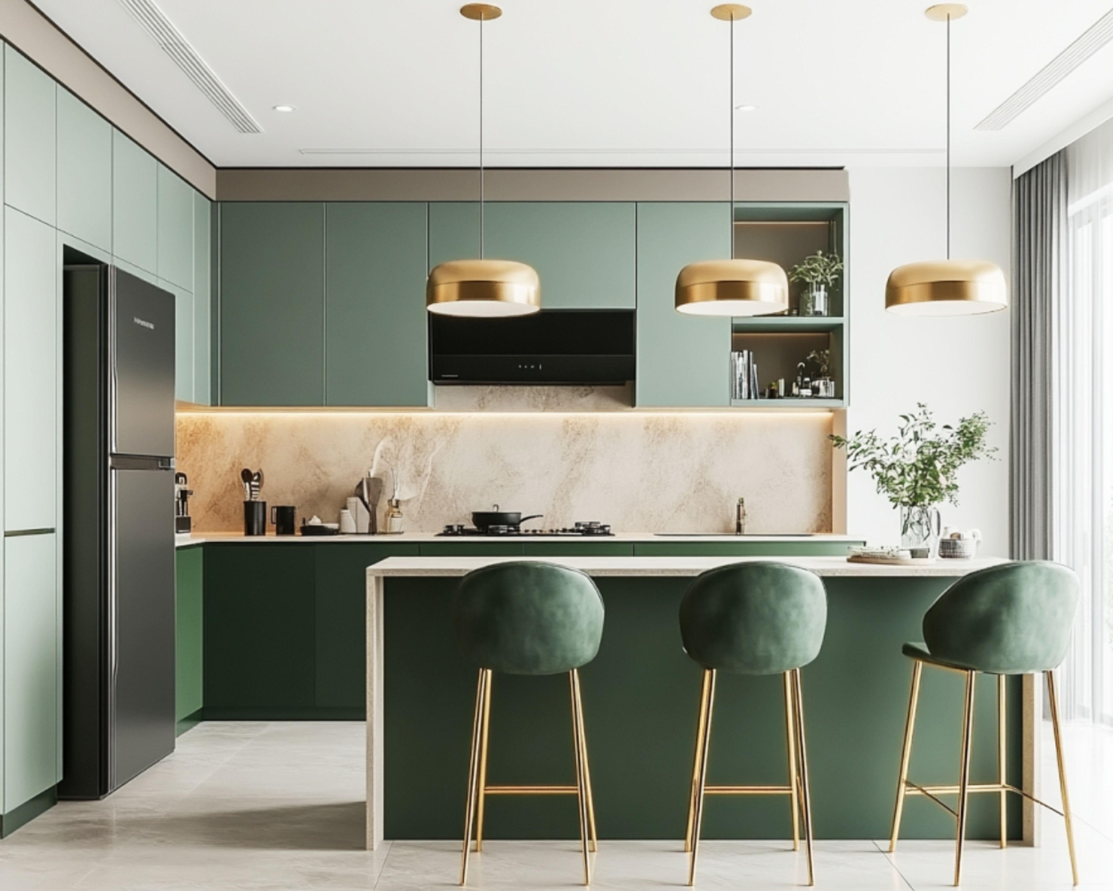Modern kitchen with sage green and dark green laminate, marble backsplash, and white quartz countertop in Bengaluru | Material Depot