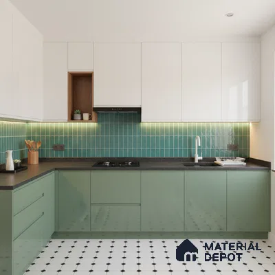 Modern kitchen with sage green and frosty white laminate, teal kitkat backsplash tile, and black-and-white geometric floor tile in Bengaluru