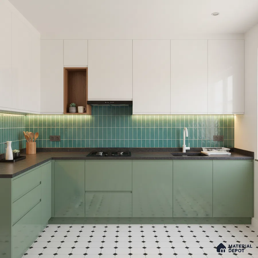 Modern kitchen with sage green and frosty white laminate, teal kitkat backsplash tile, and black-and-white geometric floor tile in Bengaluru