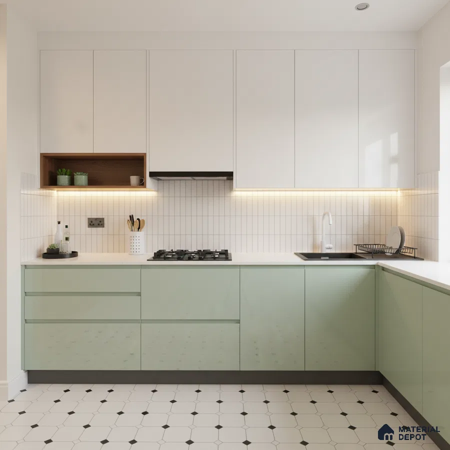 Modern kitchen with sage green and frosty white laminate, white quartz countertop, and geometric floor tile in Bengaluru