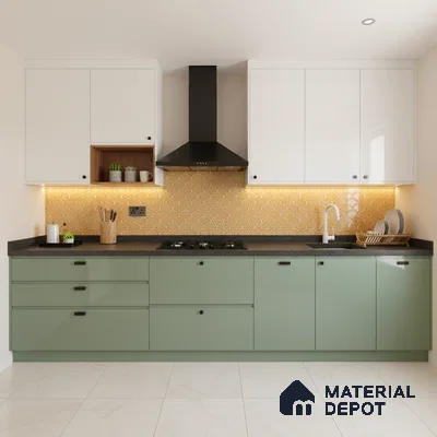 Modern kitchen with sage green and frosty white laminate, yellow fishscale backsplash tile, and black quartz countertop in Bengaluru
