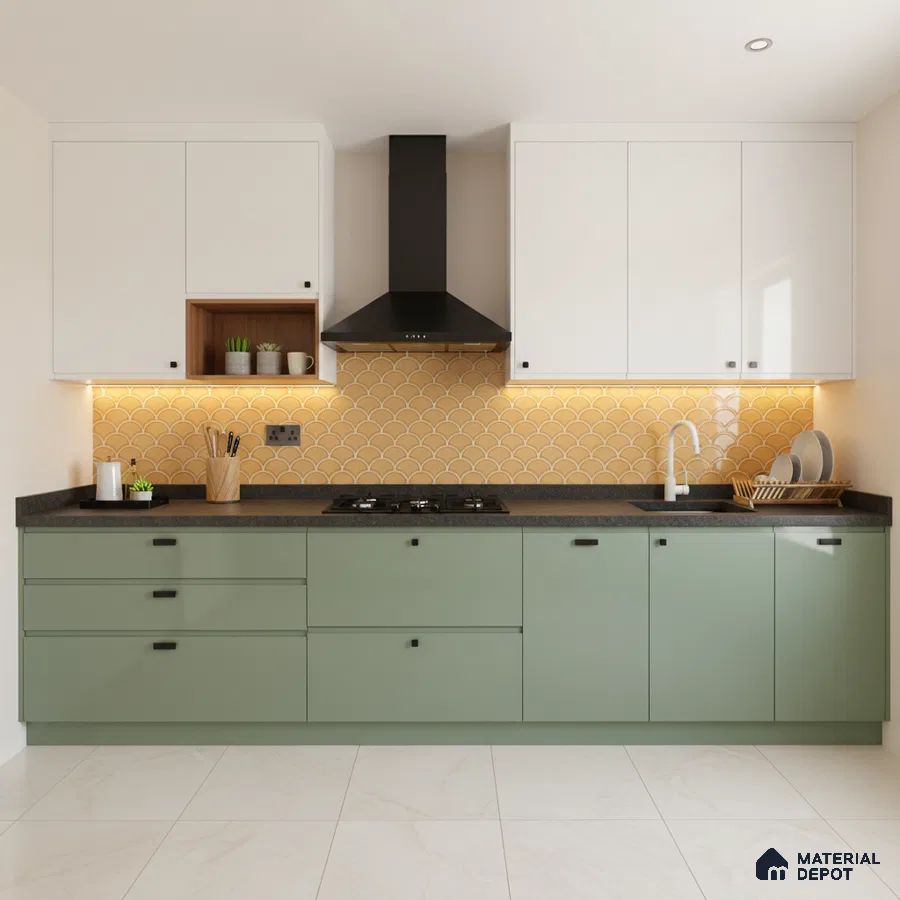Modern kitchen with sage green and frosty white laminate, yellow fishscale backsplash tile, and black quartz countertop in Bengaluru