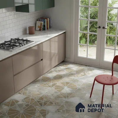 Modern kitchen with sage green and taupe laminate cabinets, white marble countertop, and geometric patterned floor tiles in Bengaluru