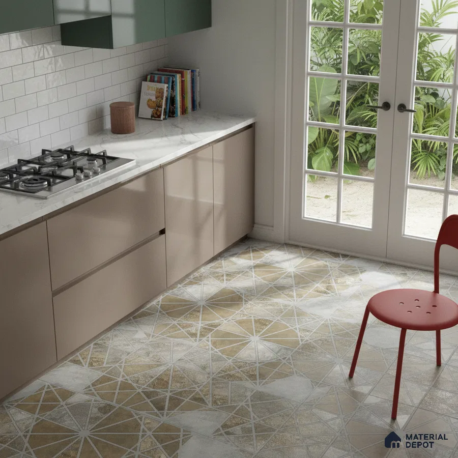 Modern kitchen with sage green and taupe laminate cabinets, white marble countertop, and geometric patterned floor tiles in Bengaluru